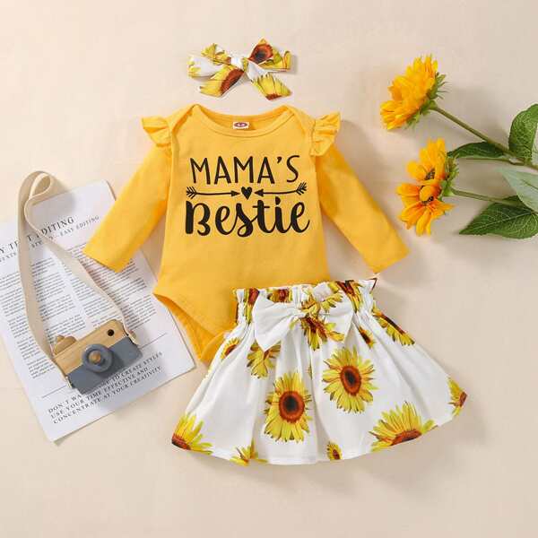 

Baby Letter Graphic Bodysuit & Floral Bow Front Skirt & Headband, Multicolor