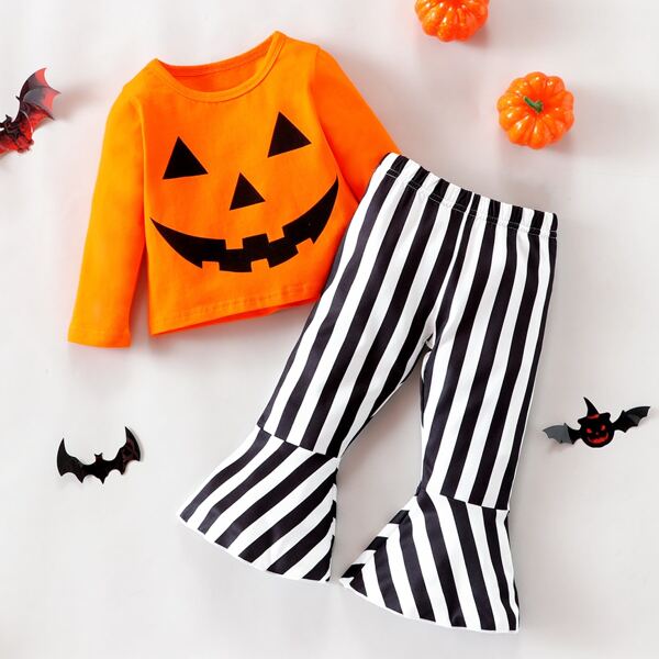 

Baby Halloween Print Top & Vertical Stripe Flare Leg Pants, Multicolor