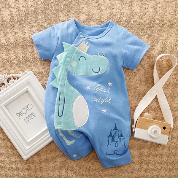 

Baby Letter & Cartoon Dinosaur Embroidery 3D Design Patched Romper, Baby blue