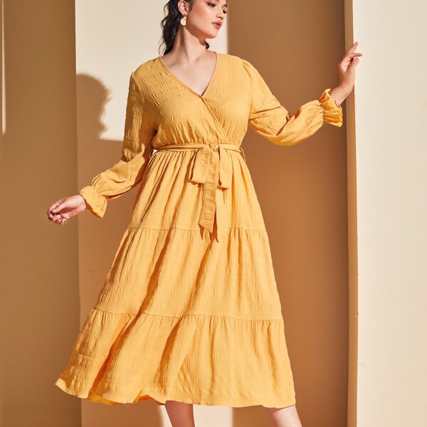 

Plus Textured Ruffle Hem Flounce Sleeve Belted Dress, Yellow