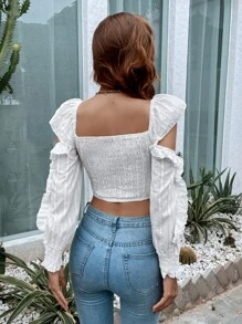 Áo sơ mi viền lá sen Dải chun màu trơn Boho - trắng - Xem 2