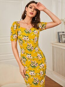 Modelyn 印花下擺開叉連衣裙 - 黃色 - 查看 3