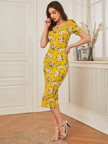 Modelyn 印花下擺開叉連衣裙 - 黃色 - 查看 4