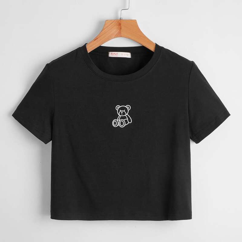 

Cartoon Bear Graphic Crop Tee, Black