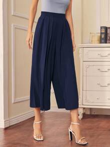 SHEIN Pleated Wide Leg Trousers - Navy Blue - View 5