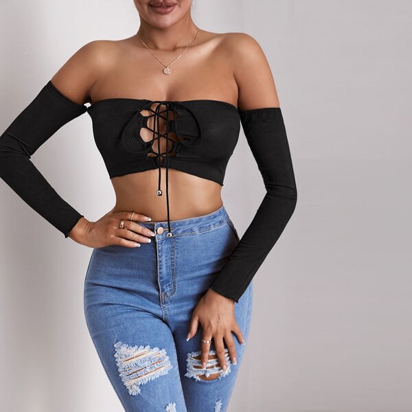 

Lace Up Front Off Shoulder Crop Top, Black
