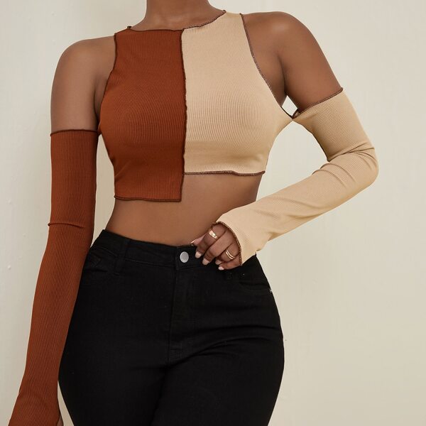 

Cold Shoulder Two Tone Asymmetrical Hem Crop Top, Multicolor