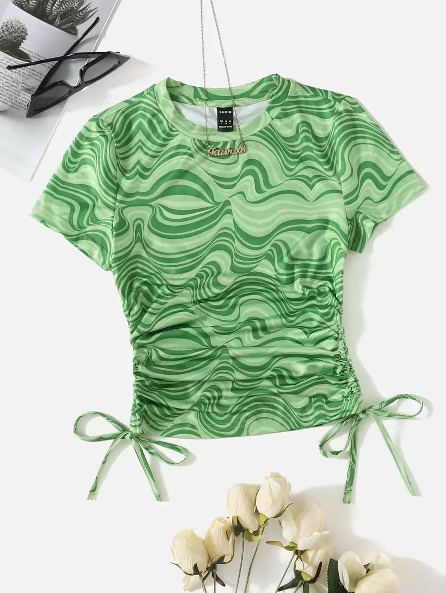 Muchica Marble Print Drawstring Side Ruched Tee - Multicolor - View 1