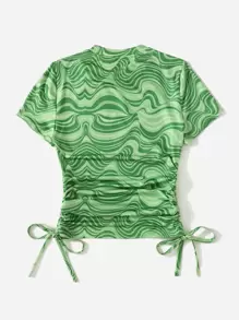 Muchica Marble Print Drawstring Side Ruched Tee - Multicolor - View 2