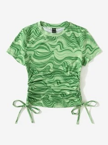 Muchica Marble Print Drawstring Side Ruched Tee - Multicolor - View 4