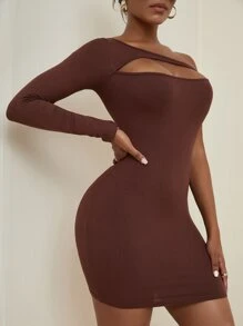 SHEIN SXY One Shoulder Cut Out Bodycon Dress - Chocolate Brown - View 4