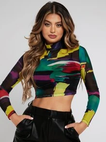SHEIN SXY Brush Print Stand Collar Mesh Top - Multicolor - View 1