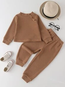 Toddler Girls Ribbed Knit Button Side Sweatshirt & Joggers - Khaki - View 1