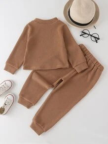 Toddler Girls Ribbed Knit Button Side Sweatshirt & Joggers - Khaki - View 2