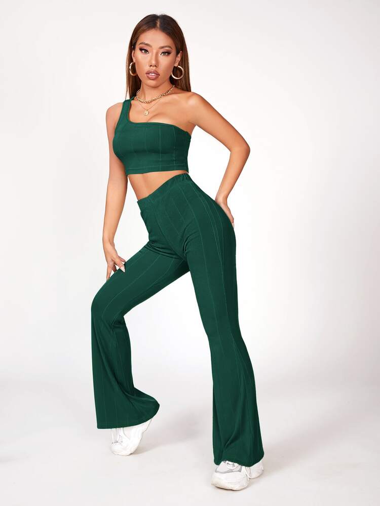 SHEIN PETITE Bộ thời trang màu trơn Gợi cảm - Màu xanh lá cây đậm - Xem 5