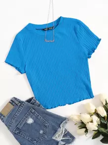 SHEIN EZwear Solid Lettuce Trim Rib-knit Tee - Teal Blue - View 6