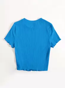 SHEIN EZwear Solid Lettuce Trim Rib-knit Tee - Teal Blue - View 2