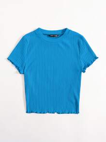 SHEIN EZwear Solid Lettuce Trim Rib-knit Tee - Teal Blue - View 3