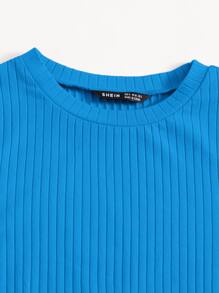 SHEIN EZwear Solid Lettuce Trim Rib-knit Tee - Teal Blue - View 5