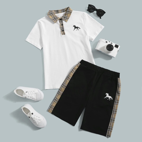 

Boys Plaid Panel Horse Polo Shirt & Shorts Set, Multicolor