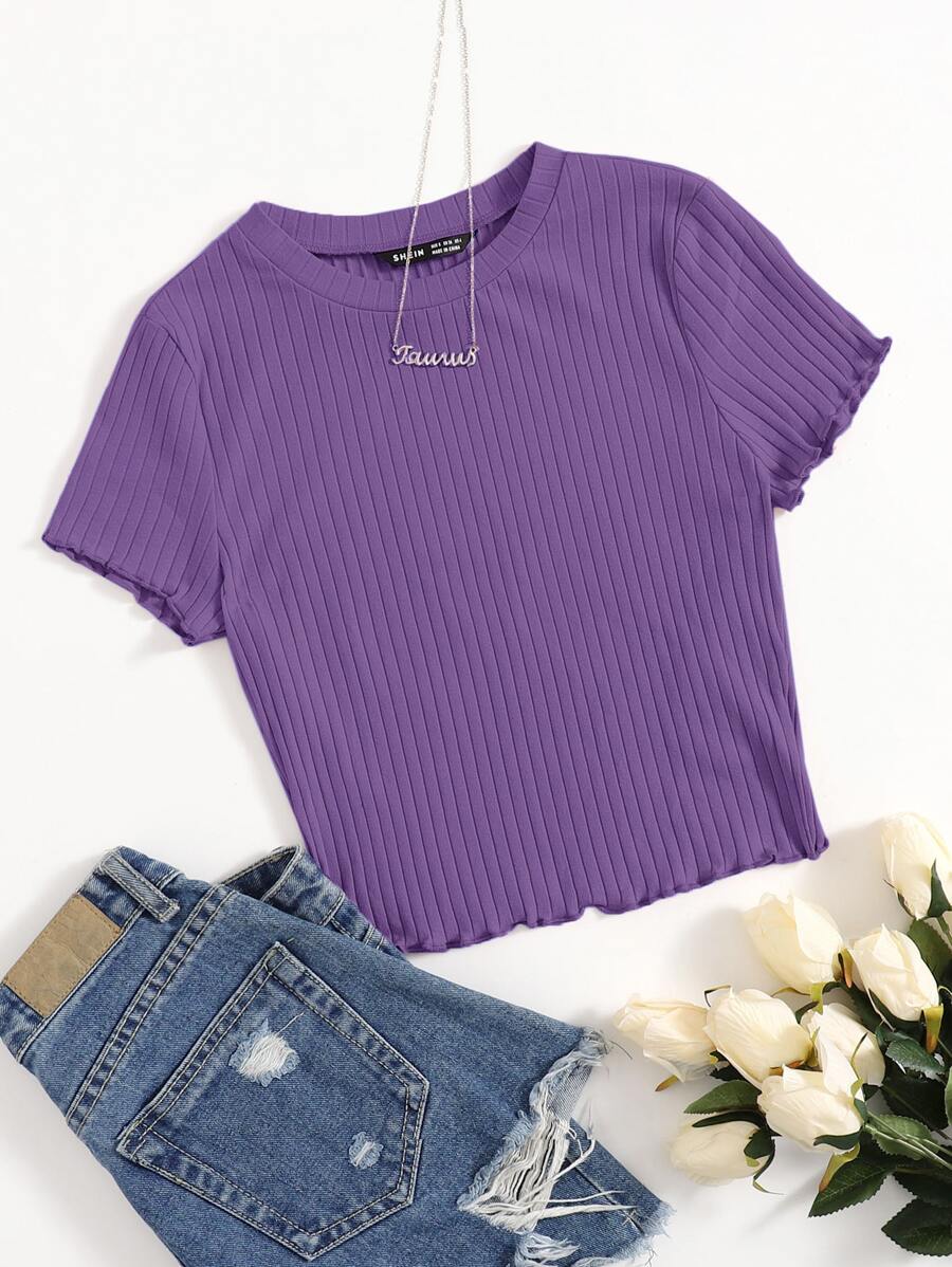 SHEIN EZwear Plus Lettuce Trim Rib Knit Tee - Violet Purple - View 1