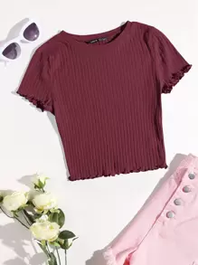 SHEIN EZwear Solid Lettuce Trim Rib-knit Tee - Maroon - View 6