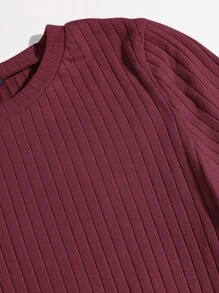 SHEIN EZwear Solid Lettuce Trim Rib-knit Tee - Maroon - View 4
