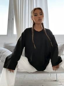 Chinese Dragon & Slogan Graphic Drop Shoulder Tee - Black - View 3