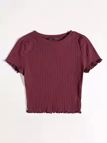 SHEIN EZwear Solid Lettuce Trim Rib-knit Tee - Maroon - View 5