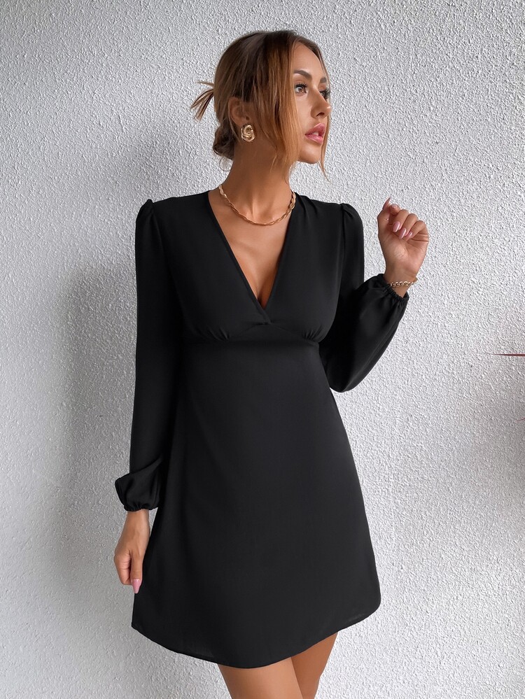 Solid Lantern Sleeve A-line Dress - Black - View 6