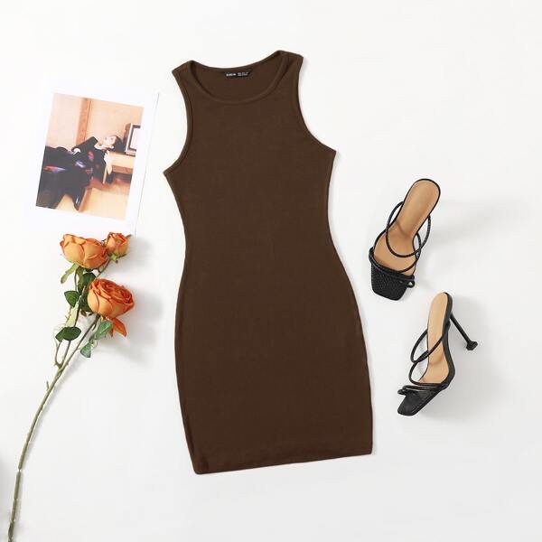 

Rib-knit Solid Bodycon Dress, Chocolate brown