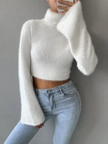 SHEIN Unity بلوزة محبوكة قصيرة بياقة مدورة ومنسوجة بخيوط ناعمة للخريف والشتاء - أبيض - مشاهدة 1