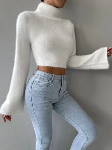 SHEIN Unity بلوزة محبوكة قصيرة بياقة مدورة ومنسوجة بخيوط ناعمة للخريف والشتاء - أبيض - مشاهدة 5