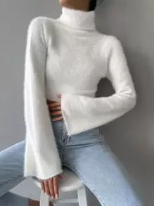 SHEIN Unity بلوزة محبوكة قصيرة بياقة مدورة ومنسوجة بخيوط ناعمة للخريف والشتاء - أبيض - مشاهدة 8