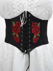 Flower Embroidery Wide Belt - Black - View 1