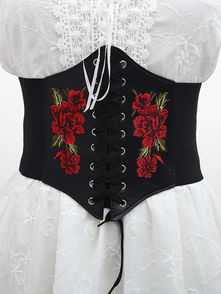 Flower Embroidery Wide Belt - Black - View 1
