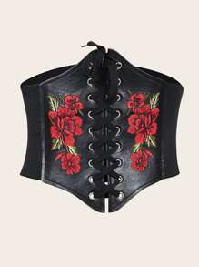Flower Embroidery Wide Belt - Black - View 3