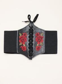 Flower Embroidery Wide Belt - Black - View 4
