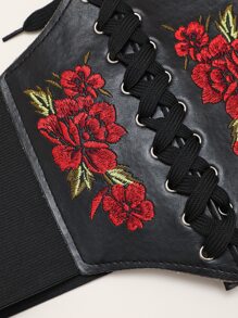 Flower Embroidery Wide Belt - Black - View 5