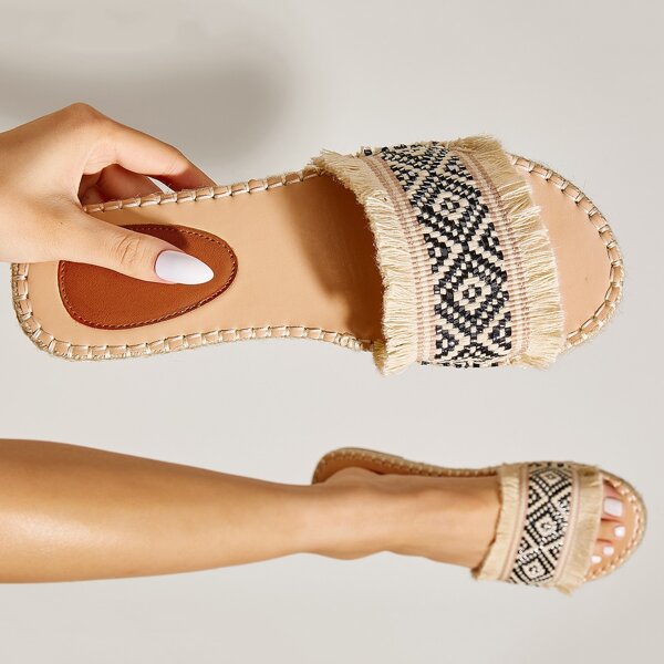 

Geo Graphic Fringe Trim Slide Sandals, Beige