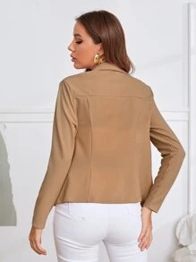 SHEIN Privé 秋冬披肩领纯色西装外套 - 卡其色 - 查看 2