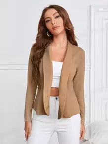 SHEIN Privé 秋冬披肩领纯色西装外套 - 卡其色 - 查看 4