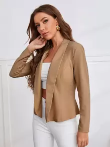 SHEIN Privé 秋冬披肩领纯色西装外套 - 卡其色 - 查看 5