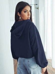 SHEIN Sudadera corta con estampado de letra de hombros caídos - Azul Marino - Ver 2