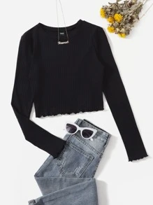 SHEIN EZwear 春季休闲纯色生菜叶边T恤