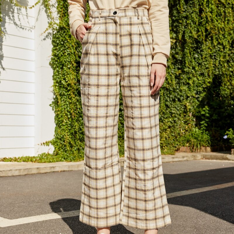 

Button Waist Slant Pocket Plaid Wide Leg Pants, Khaki