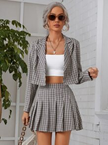 SHEIN 尖領格子圖案西裝外套和百褶半身裙 - 彩色 - 查看 1