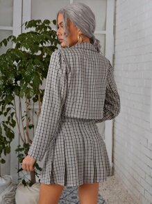 SHEIN 尖領格子圖案西裝外套和百褶半身裙 - 彩色 - 查看 2