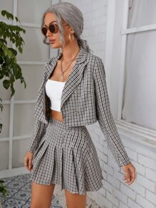 SHEIN 尖領格子圖案西裝外套和百褶半身裙 - 彩色 - 查看 4
