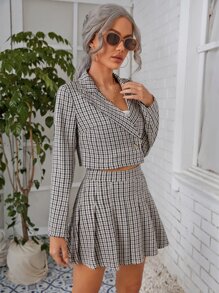 SHEIN 尖領格子圖案西裝外套和百褶半身裙 - 彩色 - 查看 5